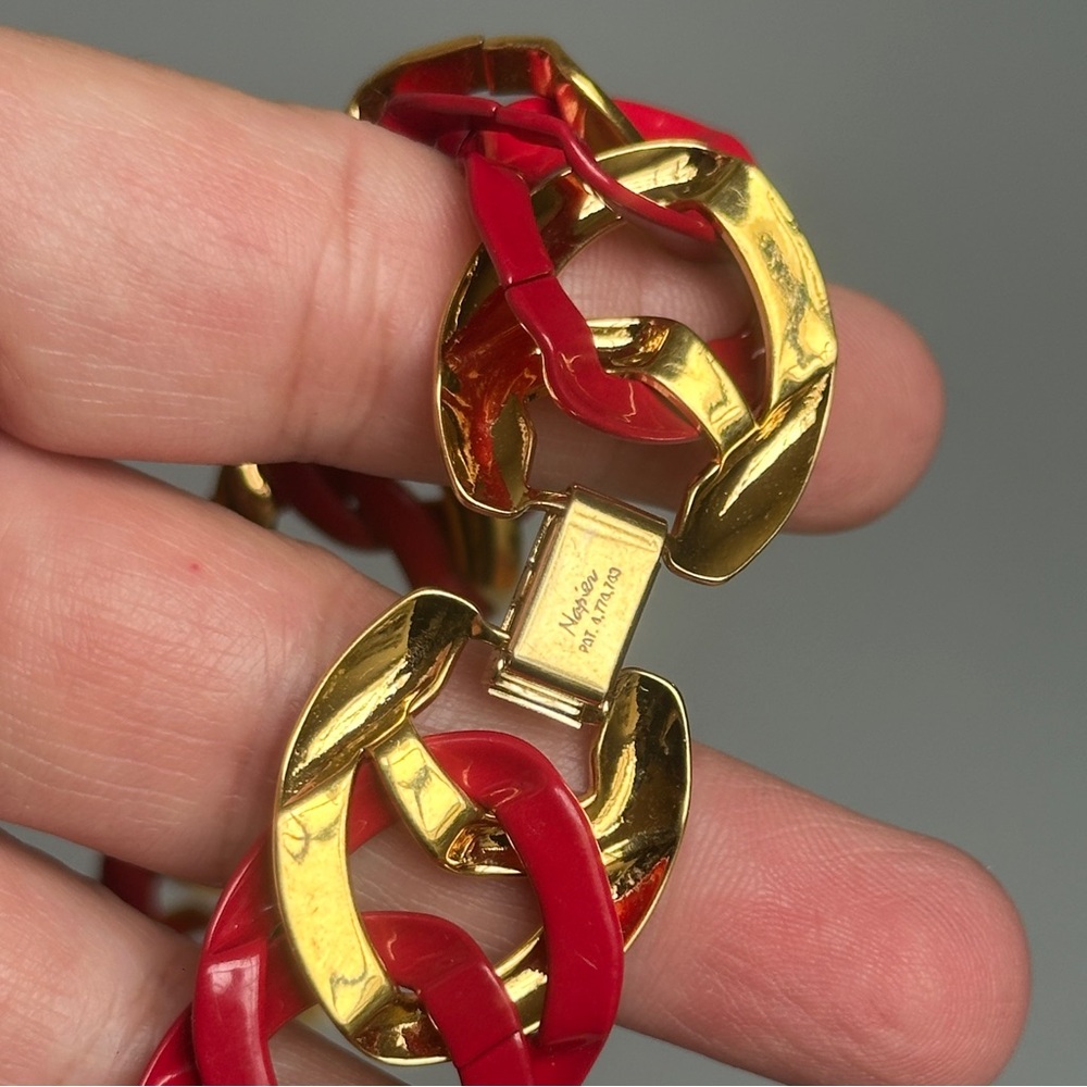 Vintage Napier Chunky Chain Link Statement Necklace Red Gold Tone - Picture 5 of 8